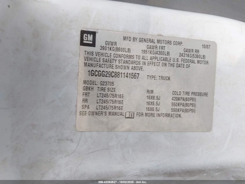 2008 Chevrolet Express Work Van VIN: 1GCGG29C881141567 Lot: 43362627