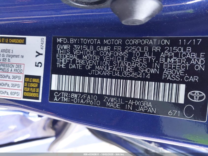 2018 Toyota Prius Three VIN: JTDKARFU4J3545414 Lot: 43362631