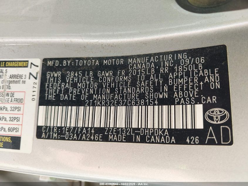 2007 Toyota Matrix VIN: 2T1KR32E37C638154 Lot: 43362642