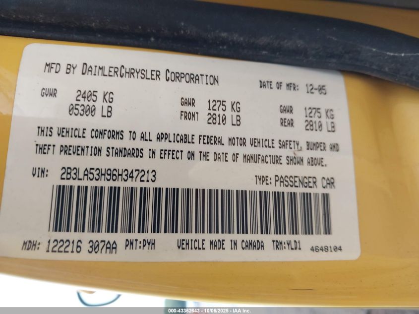 2006 Dodge Charger Rt VIN: 2B3LA53H96H347213 Lot: 43362643