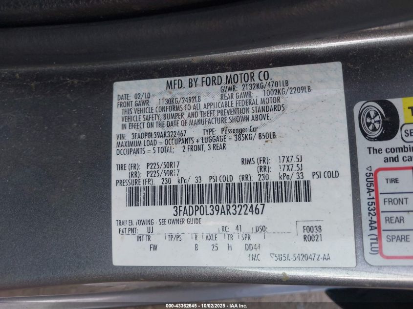 2010 Ford Fusion Hybrid VIN: 3FADP0L39AR322467 Lot: 43362645