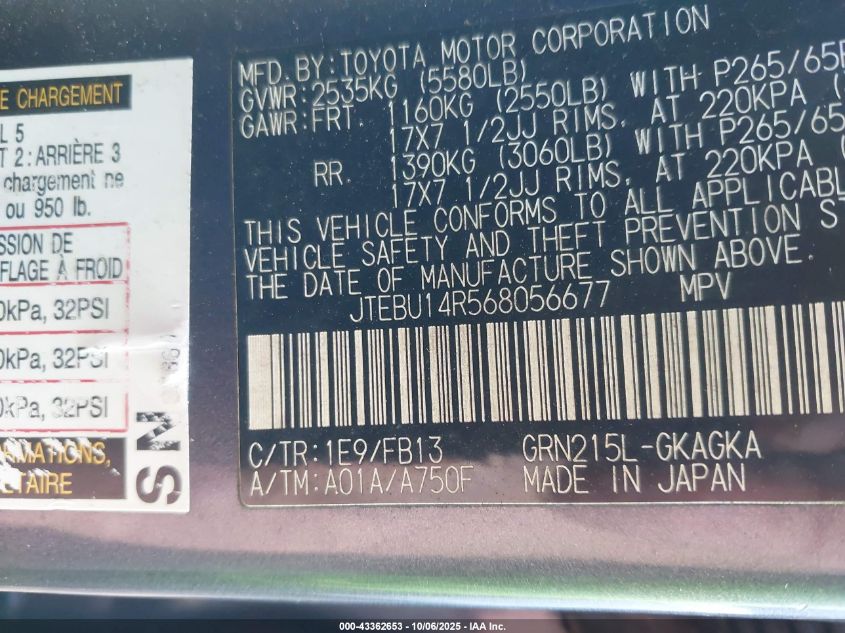 2006 Toyota 4Runner Sr5 Sport V6 VIN: JTEBU14R568056677 Lot: 43362653