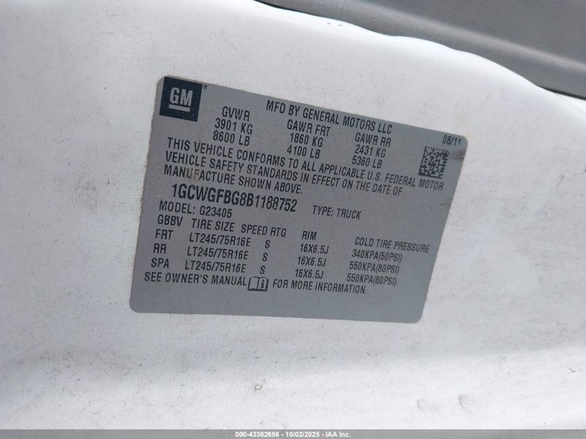 2011 Chevrolet Express 2500 Work Van VIN: 1GCWGFBG8B1188752 Lot: 43362656