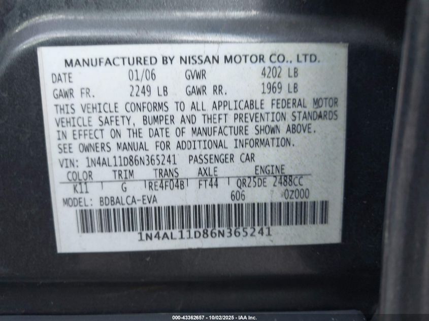 2006 Nissan Altima 2.5 S VIN: 1N4AL11D86N365241 Lot: 43362657