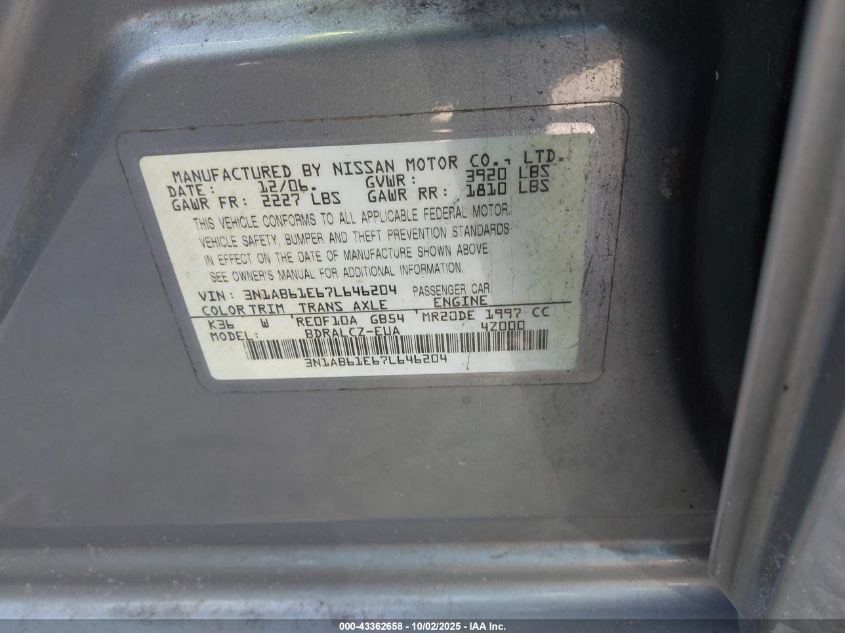 2007 Nissan Sentra 2.0 VIN: 3N1AB61E67L646204 Lot: 43362658