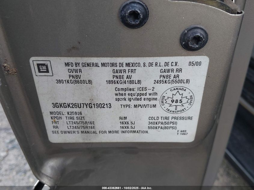 2000 GMC Yukon Xl 2500 Sle/Slt VIN: 3GKGK26U7YG190213 Lot: 43362661