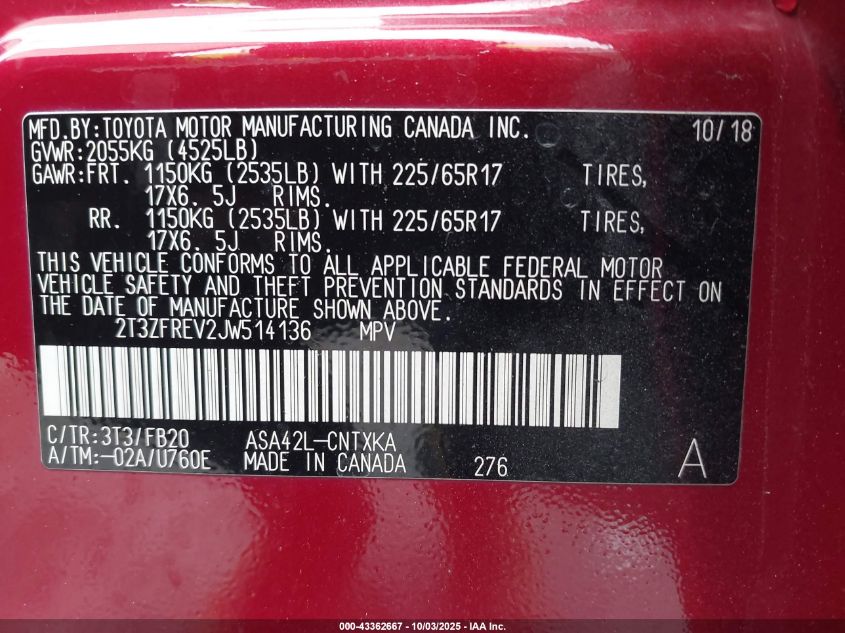 2018 Toyota Rav4 Le VIN: 2T3ZFREV2JW514136 Lot: 43362667