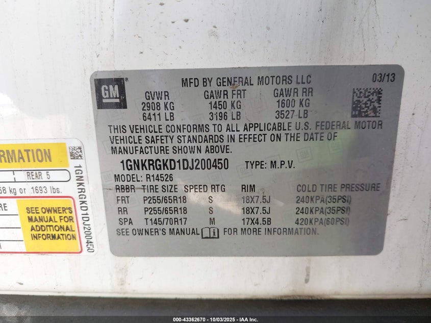 2013 CHEVROLET TRAVERSE 1LT 1GNKRGKD1DJ200450