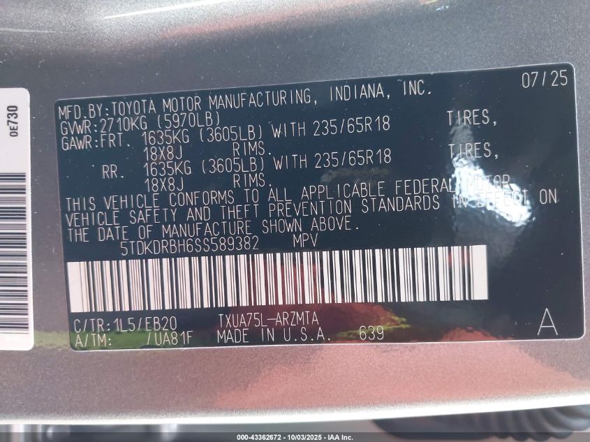 2025 Toyota Highlander Xle VIN: 5TDKDRBH6SS589382 Lot: 43362672