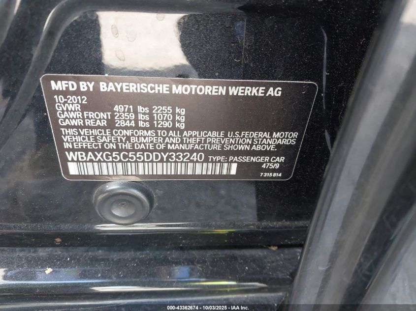 2013 BMW 528I VIN: WBAXG5C55DDY33240 Lot: 43362674