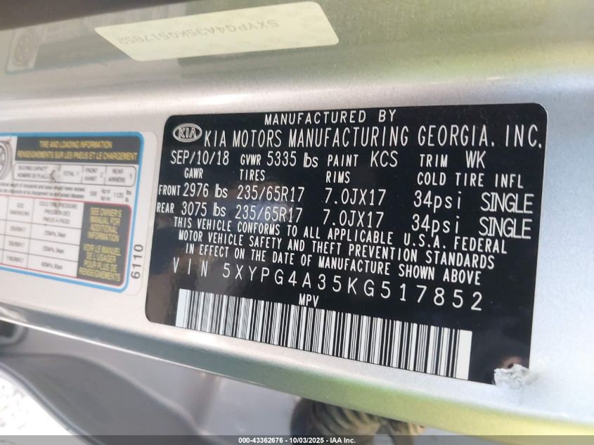 2019 Kia Sorento 2.4L Lx VIN: 5XYPG4A35KG517852 Lot: 43362676