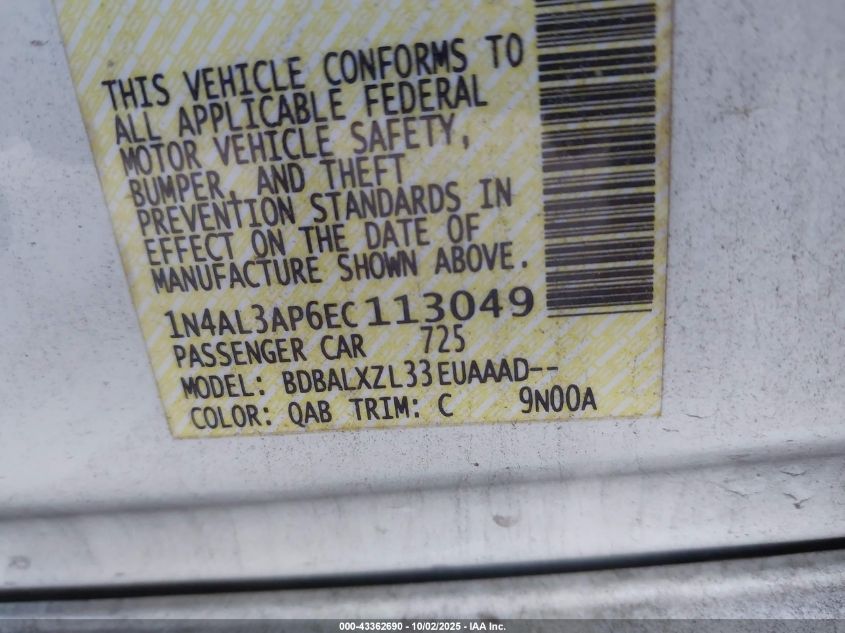 2014 Nissan Altima 2.5 Sl VIN: 1N4AL3AP6EC113049 Lot: 43362690