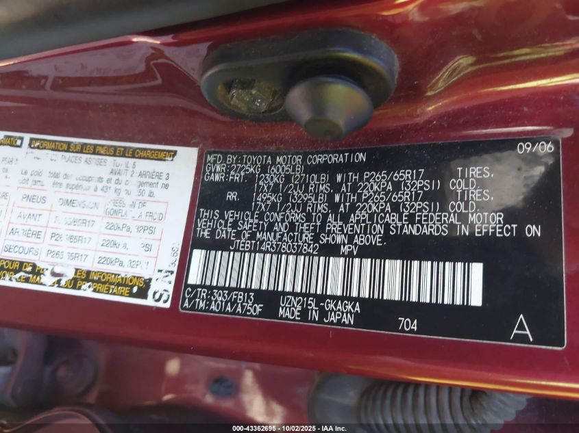 2007 Toyota 4Runner Sport V8 VIN: JTEBT14R378037842 Lot: 43362695