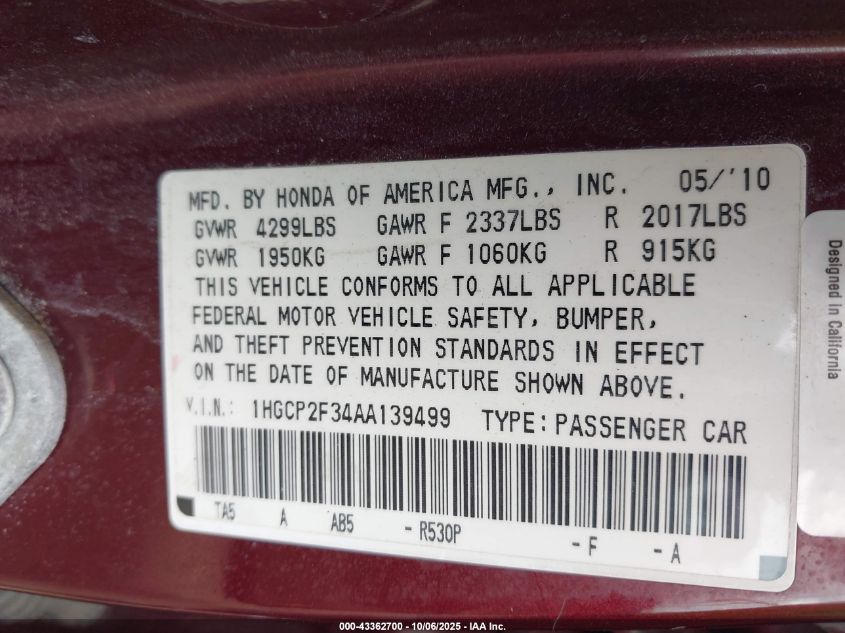 2010 Honda Accord 2.4 Lx VIN: 1HGCP2F34AA139499 Lot: 43362700