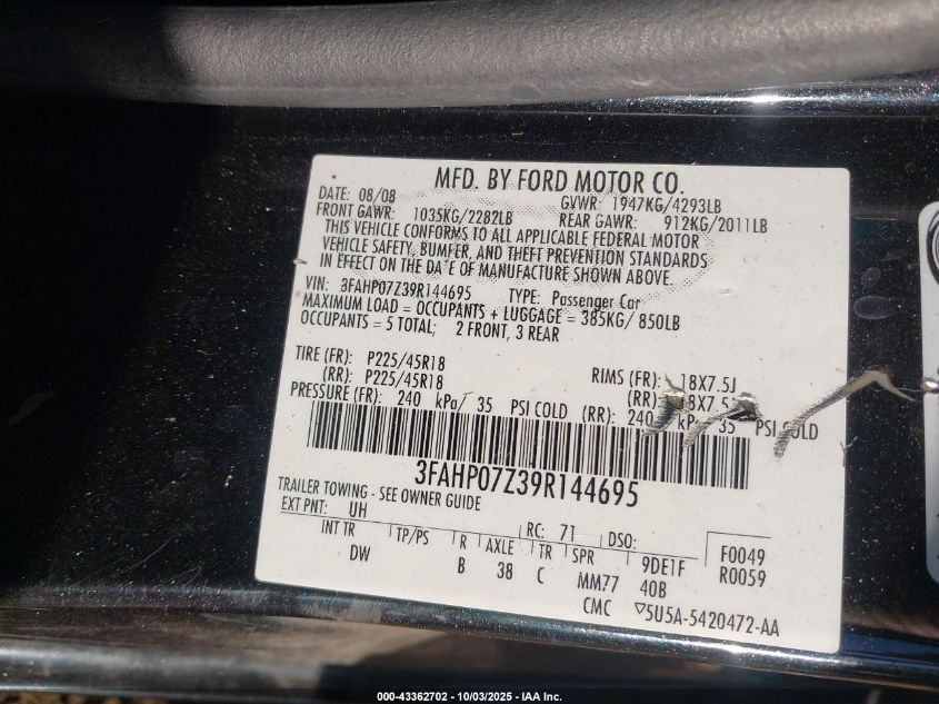 2009 Ford Fusion Se VIN: 3FAHP07Z39R144695 Lot: 43362702
