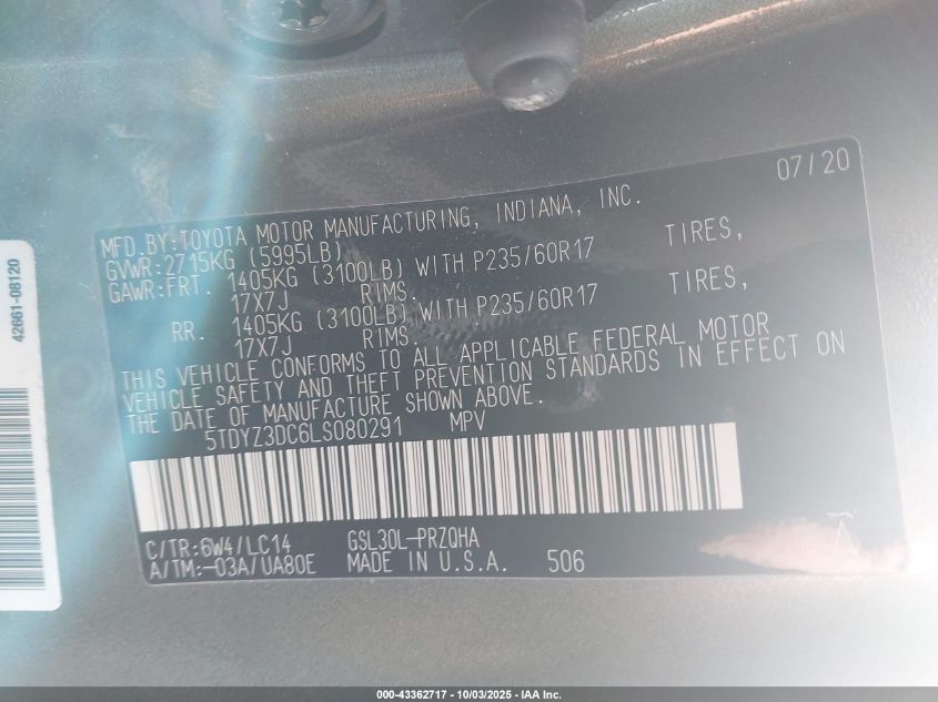 2020 Toyota Sienna Xle VIN: 5TDYZ3DC6LS080291 Lot: 43362717