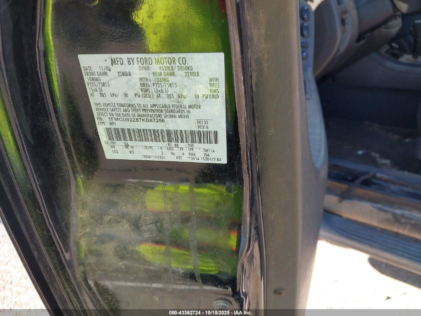 2007 Ford Escape Xls VIN: 1FMCU92Z87KB87256 Lot: 43362724