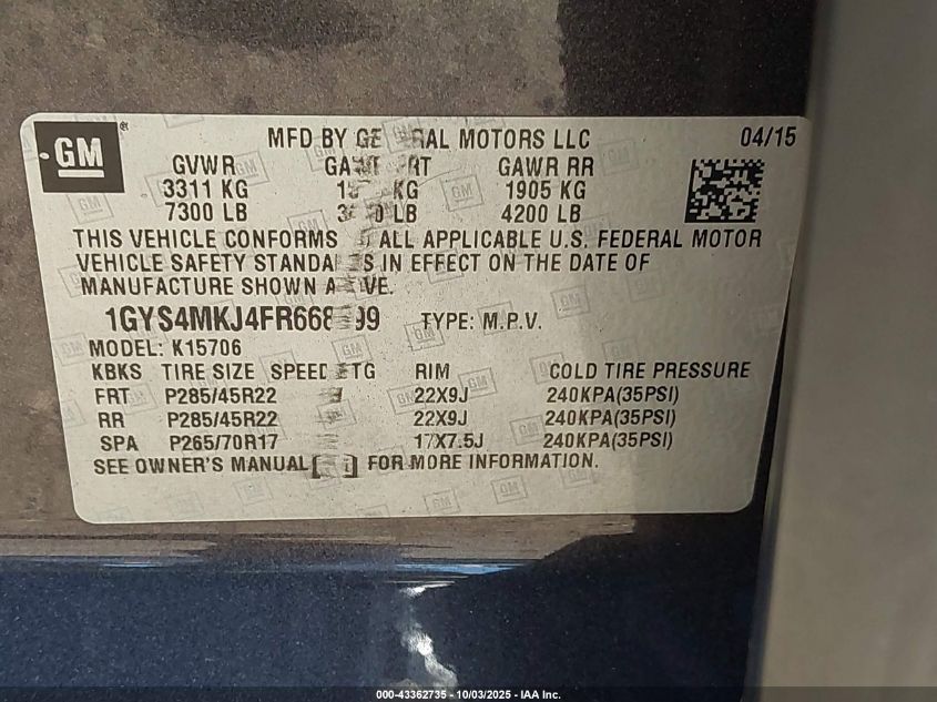 2015 Cadillac Escalade Luxury VIN: 1GYS4MKJ4FR668599 Lot: 43362735