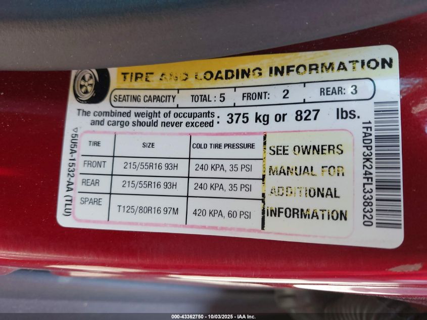 2015 Ford Focus Se VIN: 1FADP3K24FL338320 Lot: 43362750