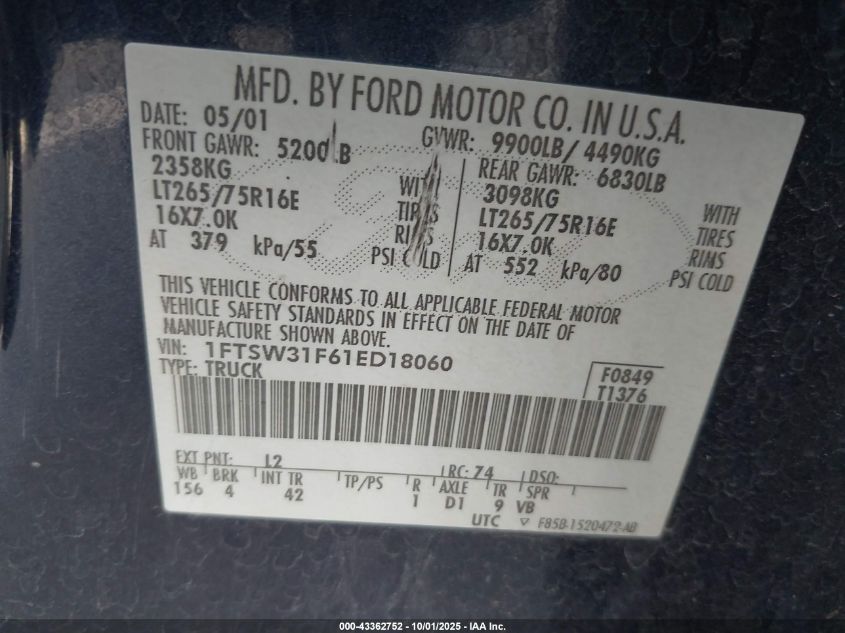 2001 Ford F-350 Lariat/Xl/Xlt VIN: 1FTSW31F61ED18060 Lot: 43362752