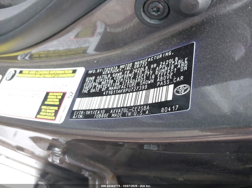 2023 Toyota Camry Se VIN: 4T1G11AK8PU727399 Lot: 43362775