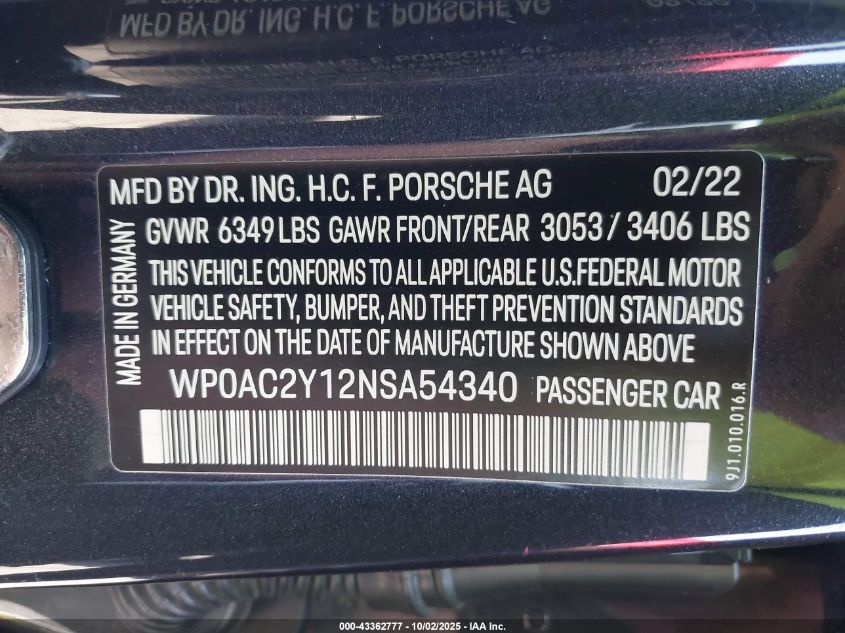 2022 Porsche Taycan Turbo/Turbo S VIN: WP0AC2Y12NSA54340 Lot: 43362777