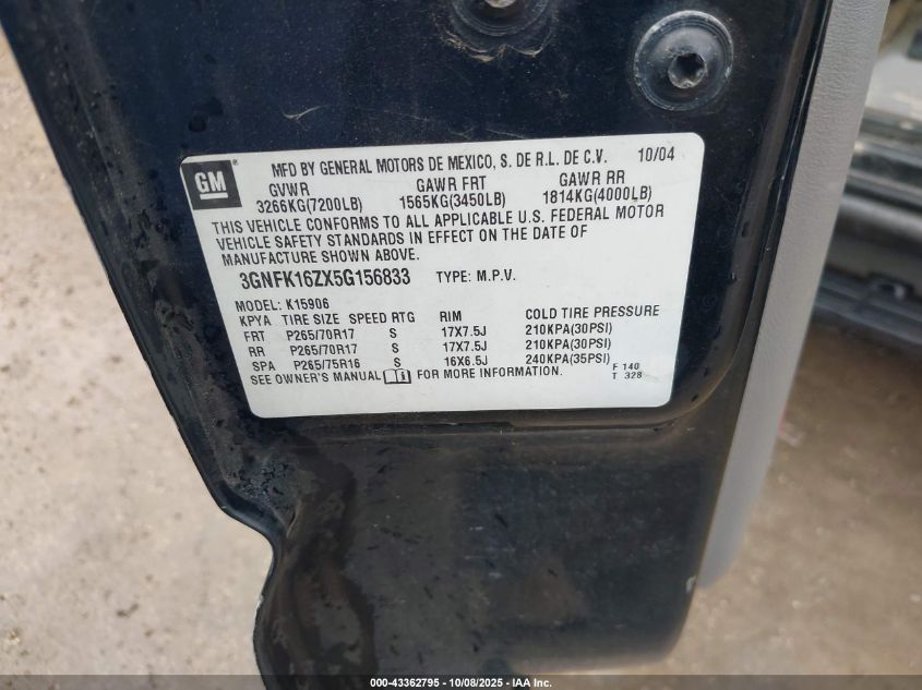 2005 Chevrolet Suburban 1500 Z71 VIN: 3GNFK16ZX5G156833 Lot: 43362795