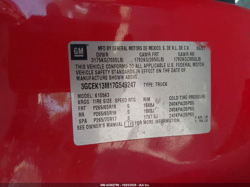 2007 Chevrolet Silverado 1500 Ltz VIN: 3GCEK13M17G549247 Lot: 43362796