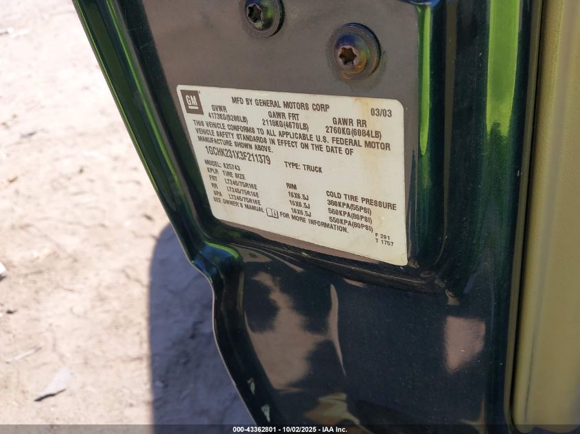 2003 Chevrolet Silverado 2500Hd Lt VIN: 1GCHK231X3F211379 Lot: 43362801