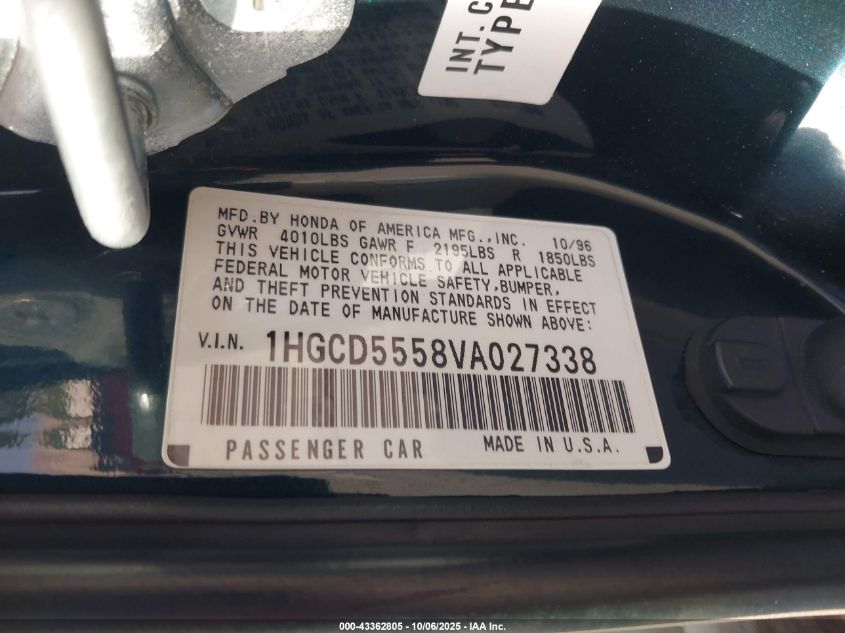 1997 Honda Accord Ex VIN: 1HGCD5558VA027338 Lot: 43362805