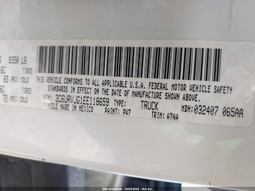 2014 Ram Promaster 3500 High Roof VIN: 3C6URVJG1EE118659 Lot: 43362806