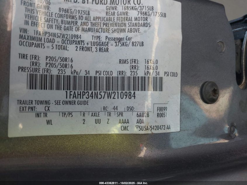 2007 Ford Focus S/Se/Ses VIN: 1FAHP34N57W210984 Lot: 43362811