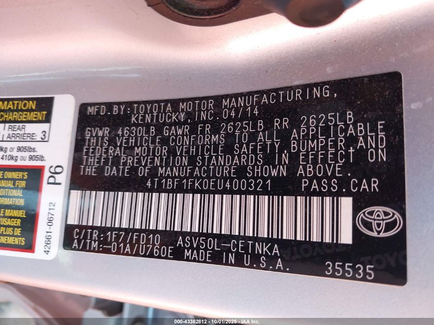 2014 Toyota Camry Le VIN: 4T1BF1FK0EU400321 Lot: 43362812