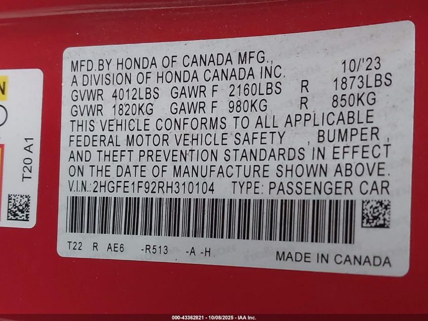 2024 Honda Civic Touring VIN: 2HGFE1F92RH310104 Lot: 43362821