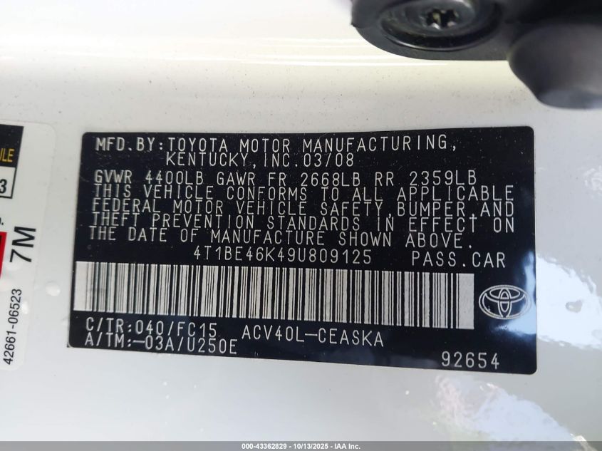 2009 Toyota Camry Se VIN: 4T1BE46K49U809125 Lot: 43362829