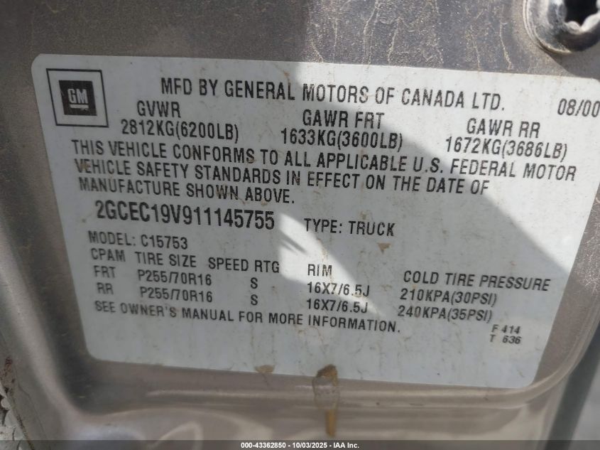 2001 Chevrolet Silverado 1500 Ls VIN: 2GCEC19V911145755 Lot: 43362850