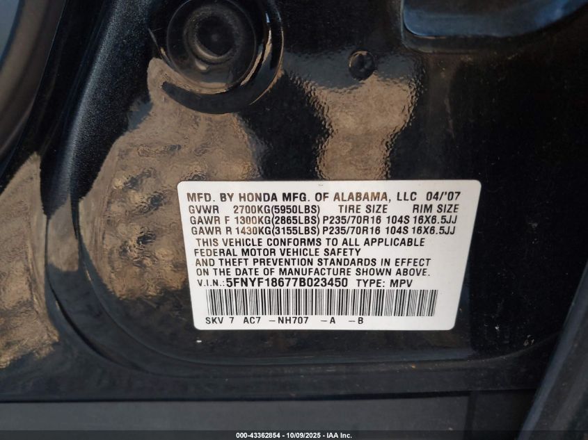 2007 Honda Pilot Ex-L VIN: 5FNYF18677B023450 Lot: 43362854