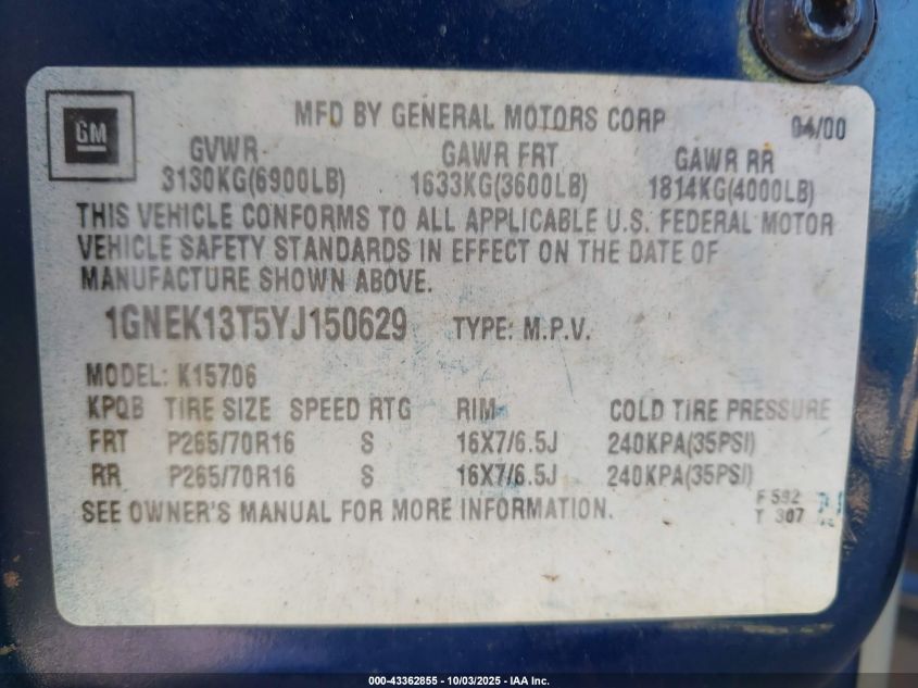 2000 Chevrolet Tahoe All New Ls VIN: 1GNEK13T5YJ150629 Lot: 43362855
