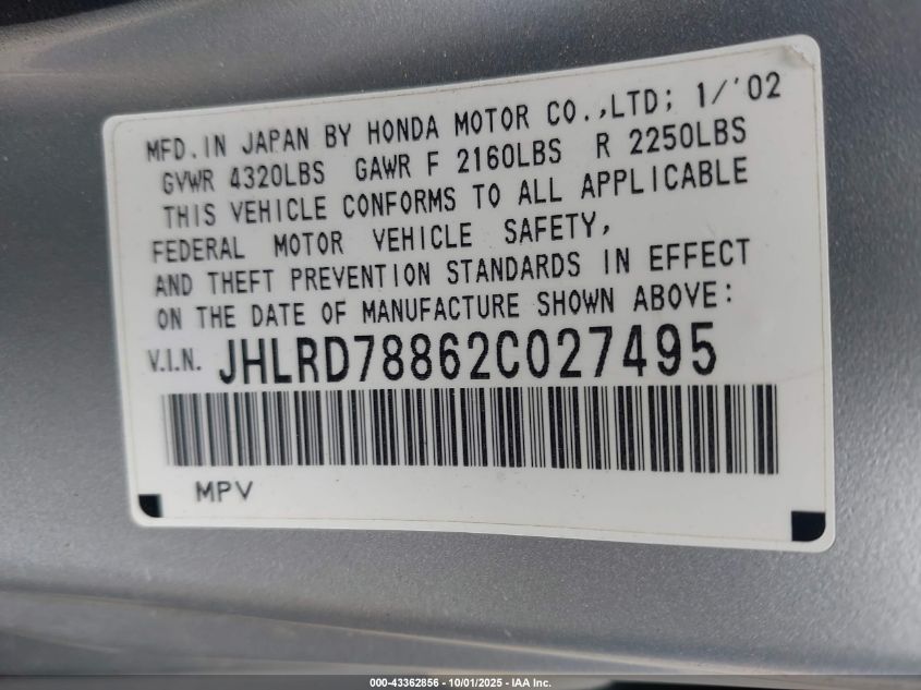 2002 Honda Cr-V Ex VIN: JHLRD78862C027495 Lot: 43362856
