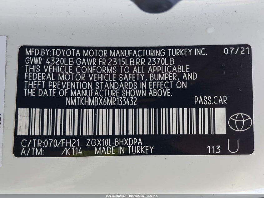 2021 TOYOTA C-HR LE NMTKHMBX6MR133432