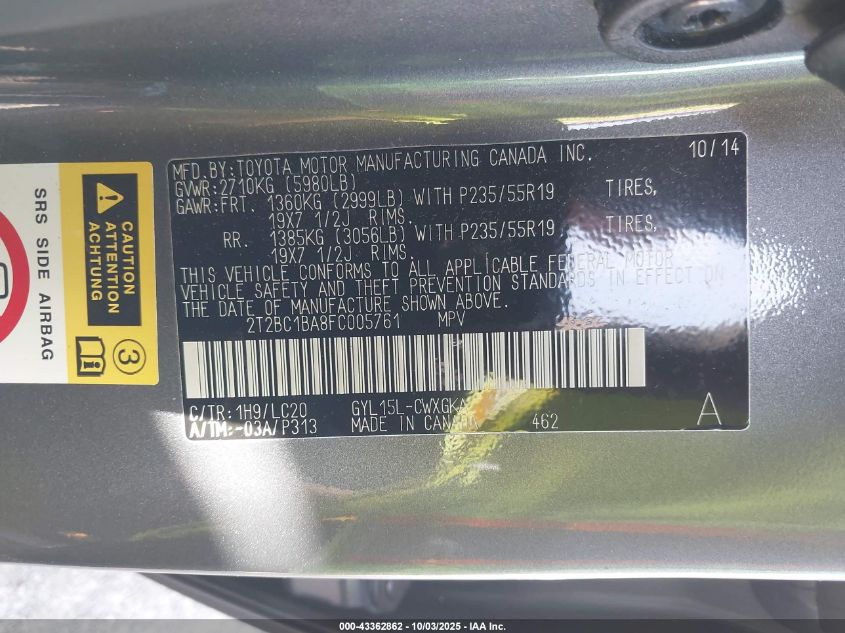 2015 Lexus Rx 450H VIN: 2T2BC1BA8FC005761 Lot: 43362862