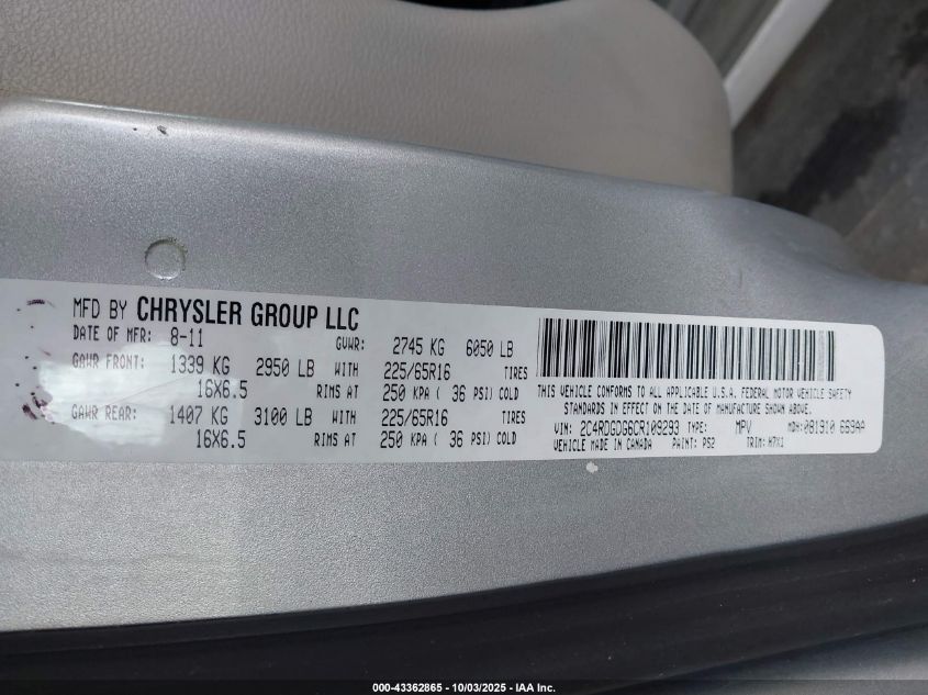 2012 Dodge Grand Caravan Crew VIN: 2C4RDGDG6CR109293 Lot: 43362865