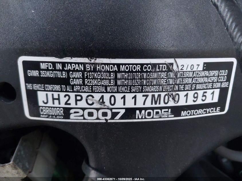 2007 Honda Cbr600 Rr VIN: JH2PC40117M001951 Lot: 43362871