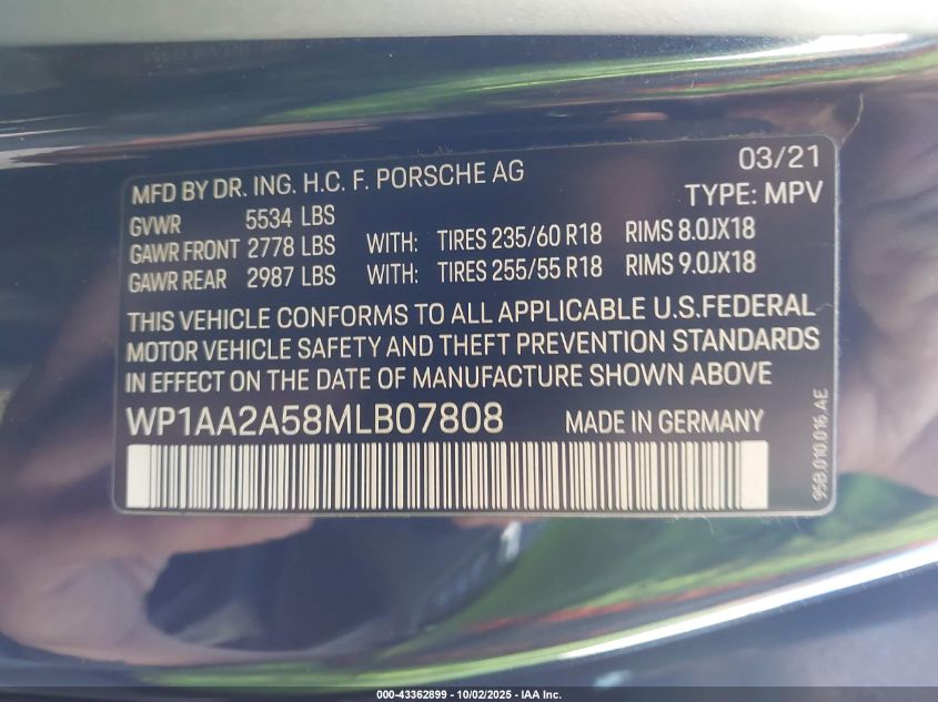2021 Porsche Macan VIN: WP1AA2A58MLB07808 Lot: 43362899