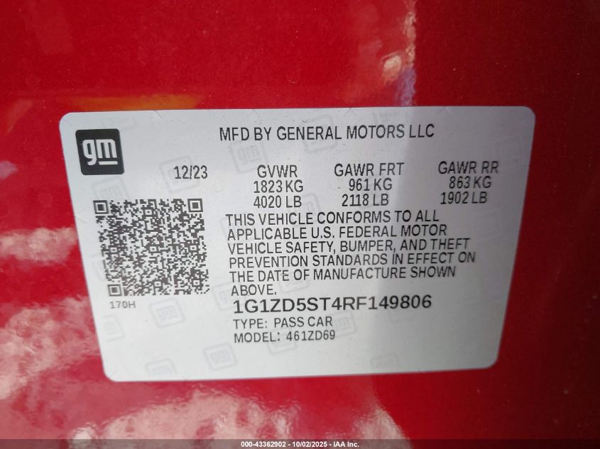 2024 Chevrolet Malibu Fwd 1Lt VIN: 1G1ZD5ST4RF149806 Lot: 43362902