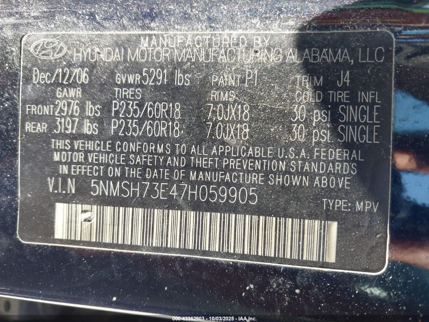 2007 Hyundai Santa Fe Limited/Se VIN: 5NMSH73E47H059905 Lot: 43362903