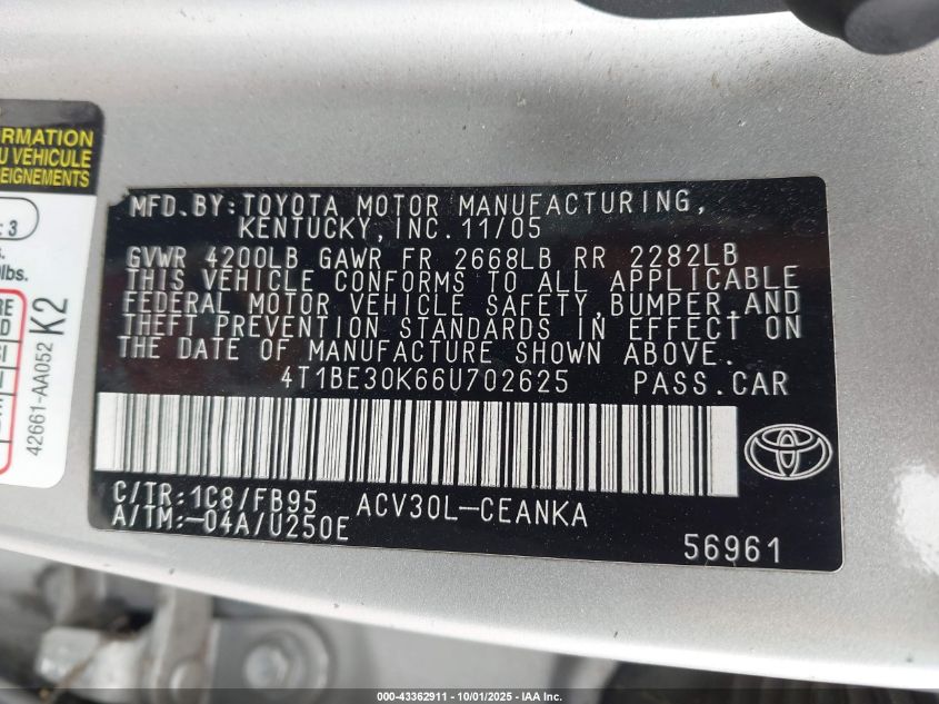 2006 Toyota Camry Le VIN: 4T1BE30K66U702625 Lot: 43362911