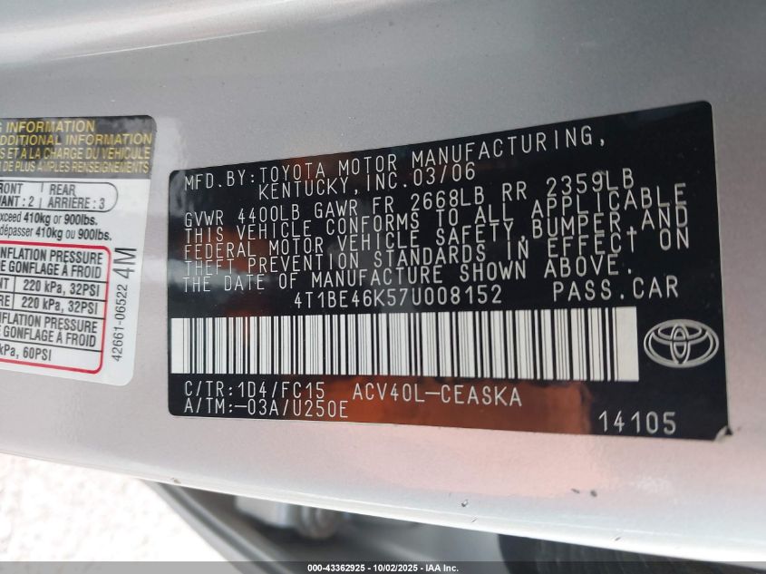 2007 Toyota Camry Se VIN: 4T1BE46K57U008152 Lot: 43362925