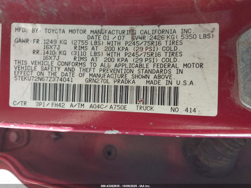 2007 Toyota Tacoma Prerunner V6 VIN: 5TEKU72N67Z374041 Lot: 43362935