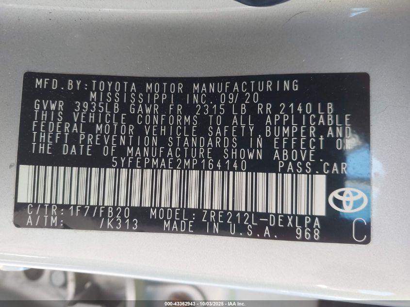 2021 Toyota Corolla Le VIN: 5YFEPMAE2MP164140 Lot: 43362943